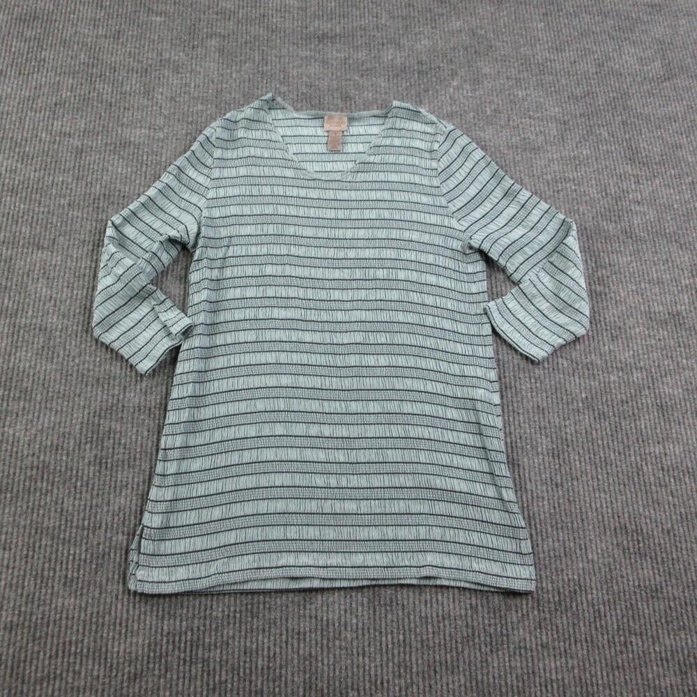 Chico's Dress Womens 1 Green Shift Short V-Neck 3/4 Sleeve Striped Rayon